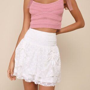 Lulus Delightful Sweetness Ivory Lace Ruched Drop Waist Mini Skirt White